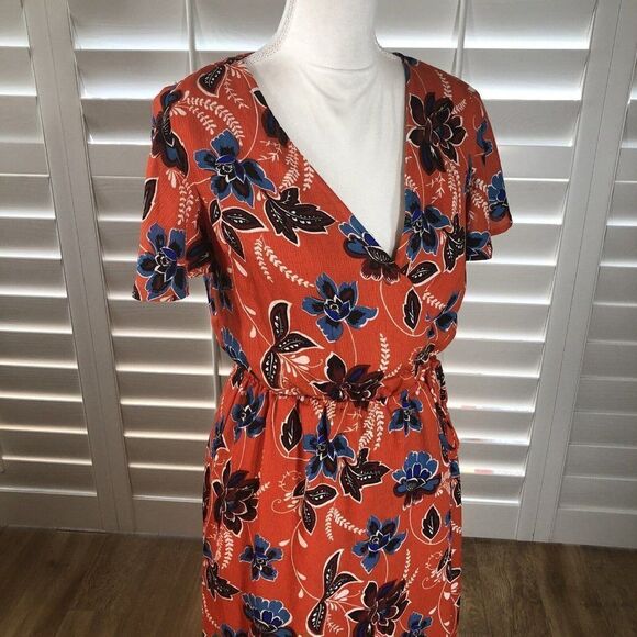 Crescent Surplice Mock Wrap Maxi Dress Small Flutter Sleeve Coral Floral Print - Picture 5 of 12